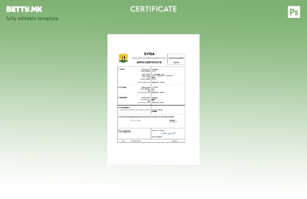Модерен стил Сириски извод од матична книга на родени Шаблон Word и PDF шаблон